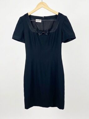 VTG Liz Claiborne Black Bow Square Neck Sheath Dress Professional Cocktail LBD